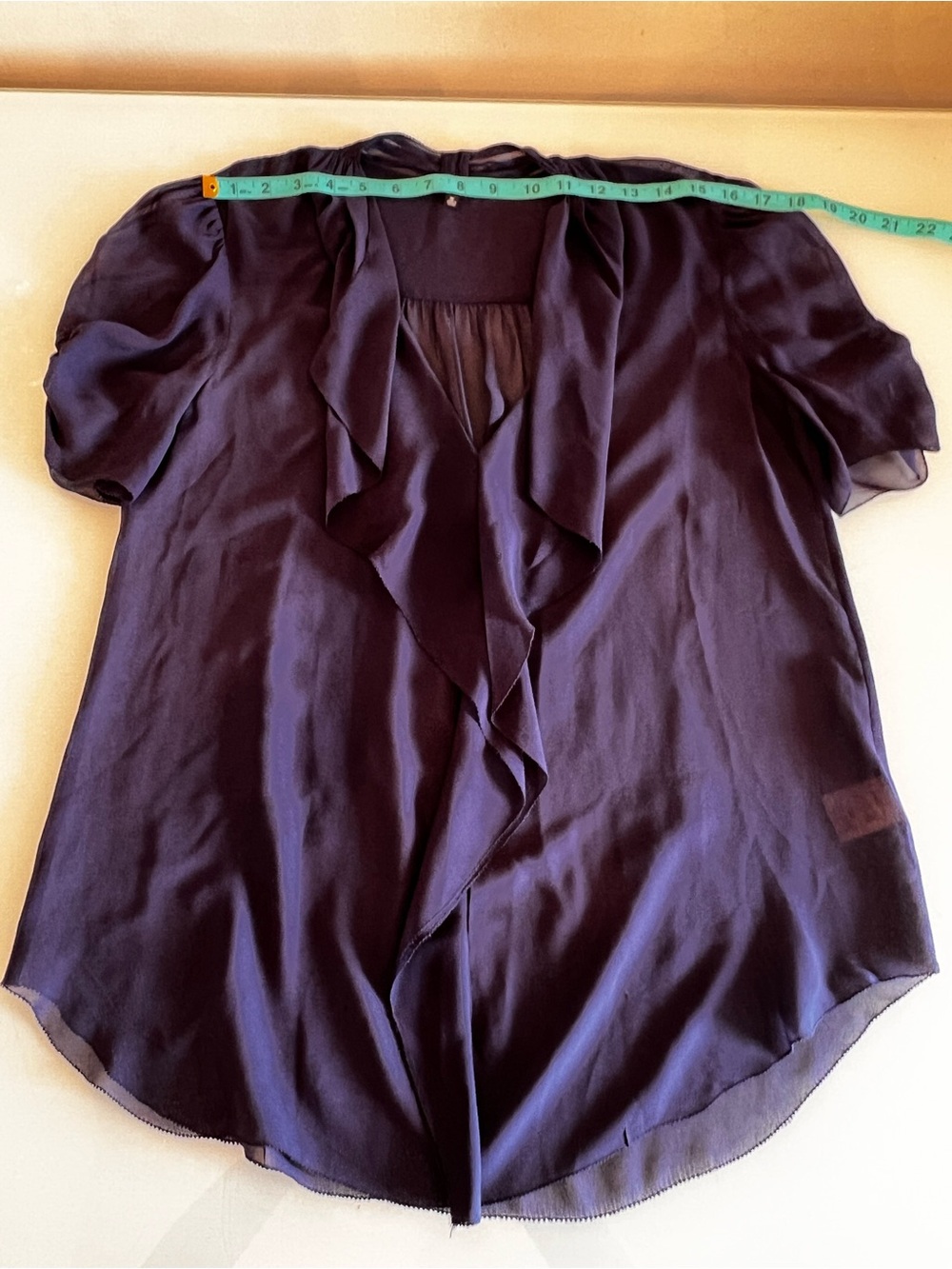 BABATON 100% Silk Sheer Ruffle Blouse Draped Boho Luxe Navy Medium Top - Picture 4 of 10